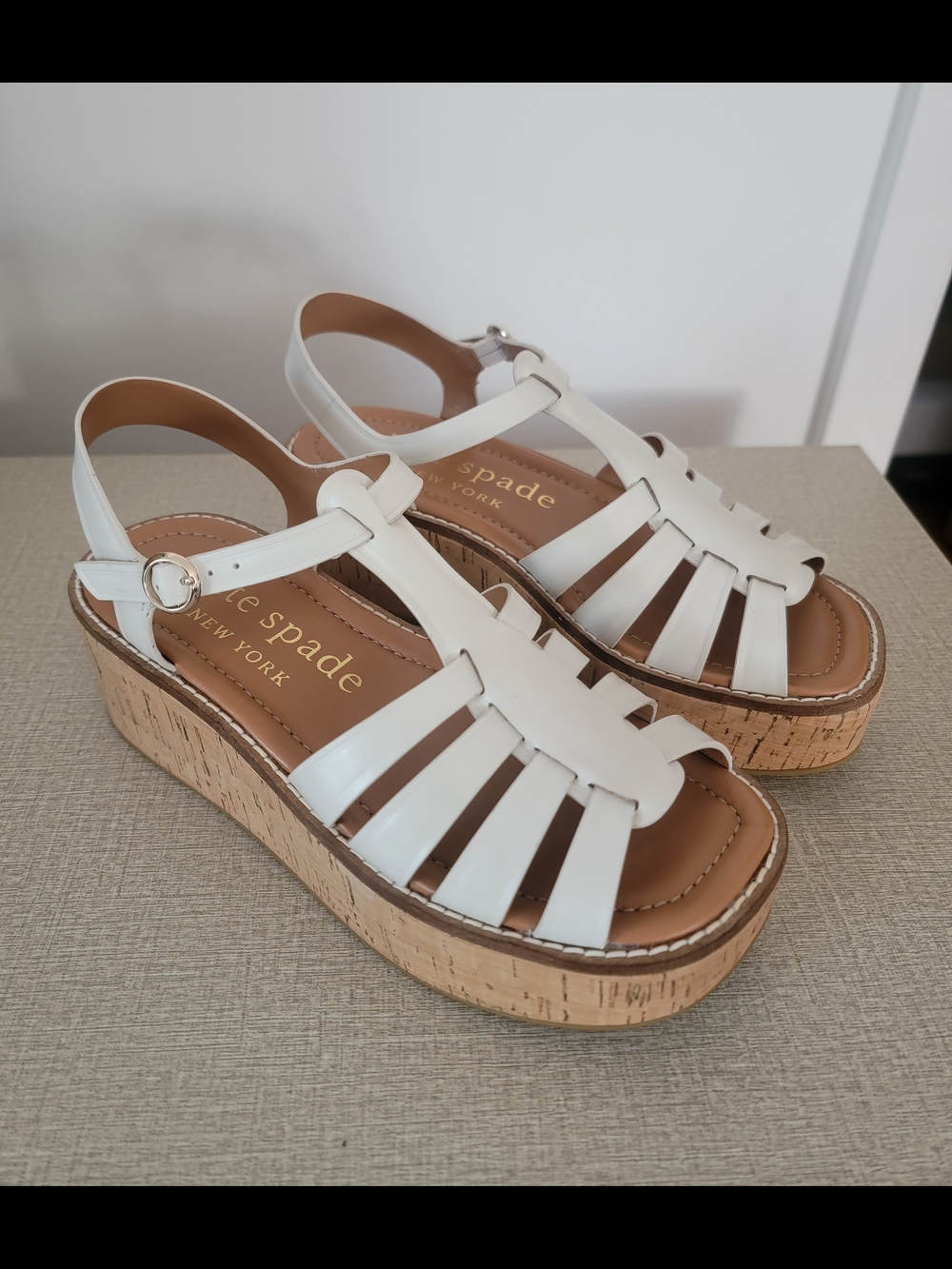 Kate Spade White Leather Mabel Fisherman Platform Cork Wedge Sandals - 6.5